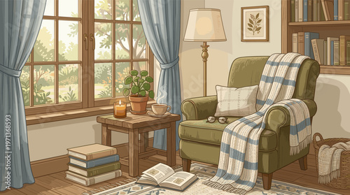 A cozy illustrated living room with an armchair, books, and a warm drink by the window. Perfect for concepts of relaxation, hygge, home comfort, and quiet lifestyle.