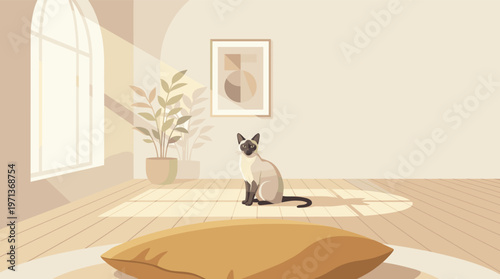 A Siamese cat in a serene, sunlit room. This minimalist vector illustration evokes peace and comfort, ideal for home decor, pet care, or lifestyle concepts.