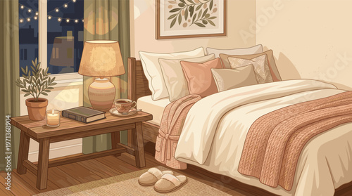 Cozy bedroom illustration at night. A warm lamp, candle, and book create a relaxing, hygge atmosphere. Perfect for wellness, lifestyle, or sleep-related content.