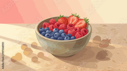 A stylized illustration of a rustic bowl filled with fresh strawberries, raspberries, and blueberries. Warm light. Ideal for healthy eating, diet, and food blogs.