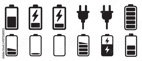  Battery charging icons with lightning bolt and power plug symbols. vector illustration eps 10