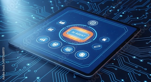A tablet displaying an ai agent interface on a circuit board background with various icons
