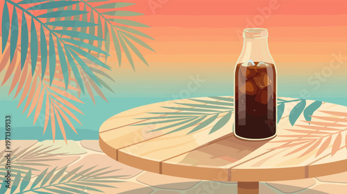 A glass bottle of cold soda with ice on a wooden table. A relaxing tropical beach scene with palm leaves and a beautiful sunset over the ocean. Perfect for summer vacation concepts.