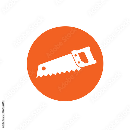 White hand saw vector icon centered on a bright orange circular background.
