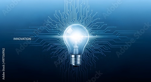 Innovative technology concept with glowing light bulb and circuit board design on blue background representing creativity and idea generation