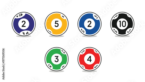 Set of six colorful lottery balls with numbers on a white background is designed for games of chance and random selection concepts.