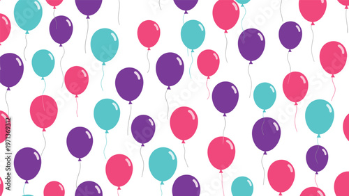 Seamless pattern of colorful balloons in purple pink and teal floating on strings creates a celebratory and festive mood for party designs.