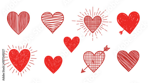 Collection of red hand drawn heart shapes in various styles including sketchy lined and with arrows is perfect for romantic themed projects.