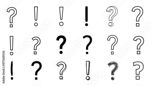Grid of question marks and exclamation points in various hand drawn styles provides a diverse set of punctuation icons for design projects.