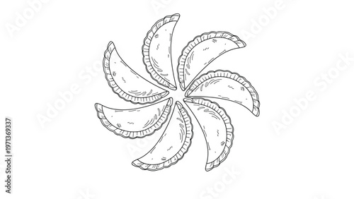 Eight hand drawn dumplings are arranged in a circular star like formation on a white background for food and cooking related designs.