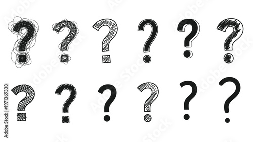 Grid of twelve different styles of hand drawn question marks in black on a white background offers a variety of creative punctuation icons.