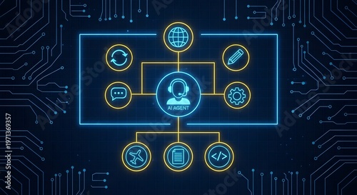 Neon lit ai agent interface with glowing icons and circuit board background for technology and innovation concepts