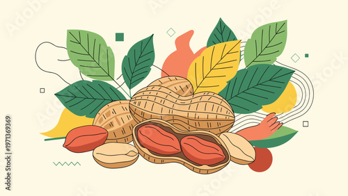 Illustration of peanuts in shells and out is surrounded by green and yellow leaves and abstract geometric shapes on a light beige background.