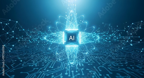 Glowing blue ai chip with circuit board and connections on dark background