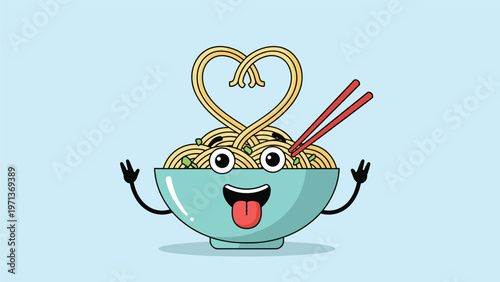 Cute cartoon noodle bowl character with happy face and tongue out making heart shape with noodles and holding chopsticks.