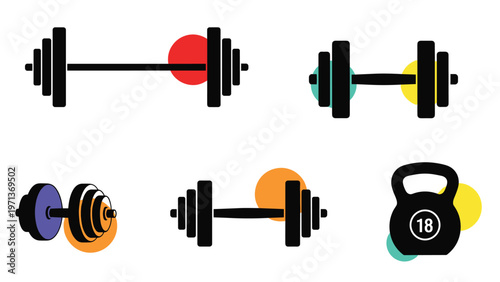 Set of fitness weights including barbells and dumbbells with colorful circle accents in blue red yellow and orange.