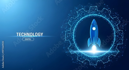 A blue rocket ship with glowing light on dark blue background with gear and digital technology elements