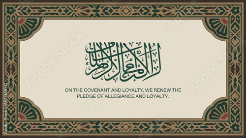 Arabic calligraphy art with pledge of allegiance and loyalty in ornate frame