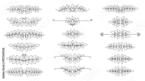 Collection of various hand drawn laurel wreath and leaf dividers in black ink style for elegant stationery design.