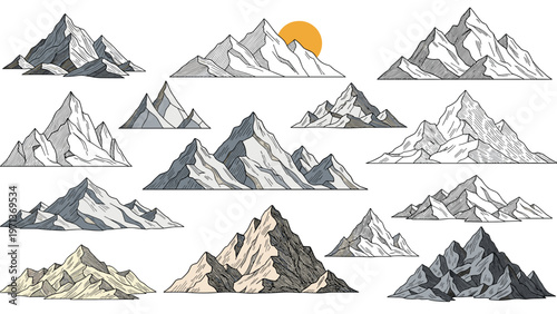 Large collection of various hand drawn mountain ranges and peaks in sketches for landscape design and outdoor themes.