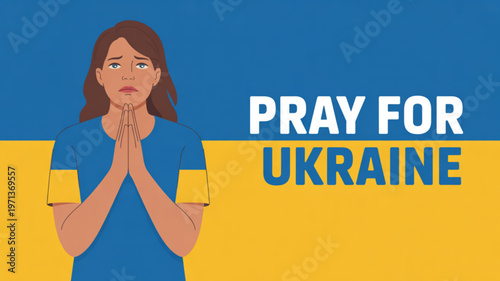 Woman praying for peace in ukraine with hands clasped together in front of face wearing blue and yellow clothing and background symbolizing hope and solidarity