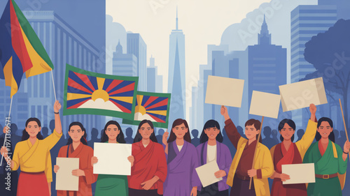 Tibetan women protesting with flags and signs in city advocating freedom and human rights