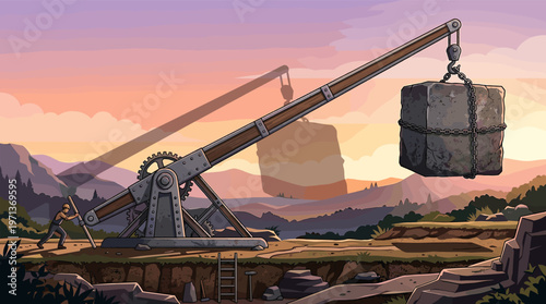 Illustration of a worker using a primitive crane to lift a massive stone block. Concept for building, hard work, history, and overcoming challenges. Sunset background.