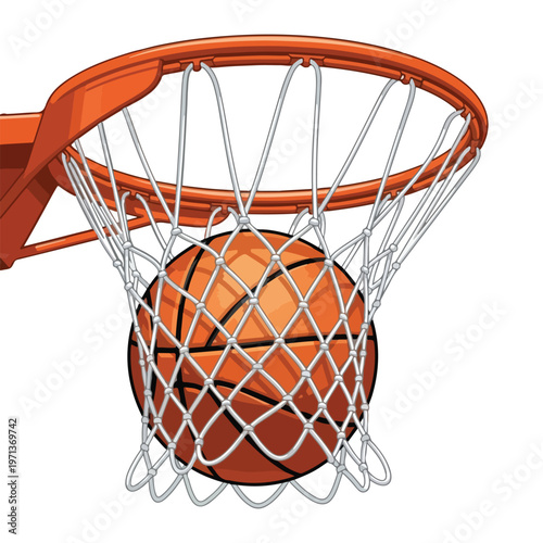 An orange basketball flies toward a net and rim attached to a backboard for a goal, isolated against white and blue backgrounds representing an abstract sky and sport court