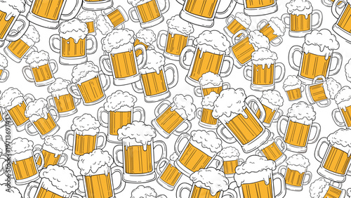 Seamless background pattern featuring numerous hand drawn mugs of frothy golden beer with thick white foam on a plain white background.