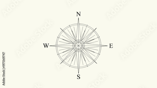 Classic minimalist compass rose design showing cardinal directions north south east and west on an off-white vintage paper background.