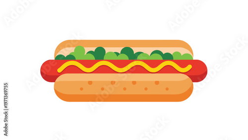 Delicious hot dog illustration with a red sausage yellow mustard drizzle and green relish in a soft bun on a white background.