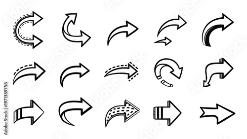 Diverse collection of fifteen hand drawn black arrows with various styles curves and patterns isolated on a white background for design.