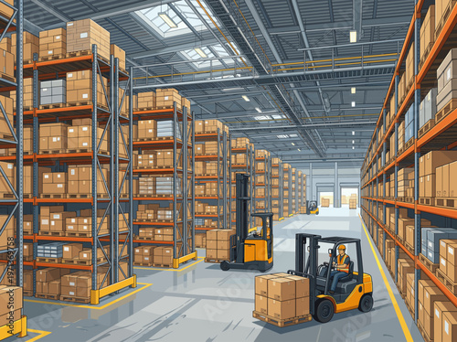 Vector illustration of a modern warehouse. Forklift operators move cargo boxes on shelves. Ideal for logistics, supply chain, and e-commerce concepts.