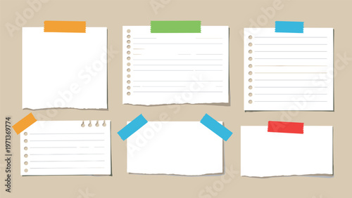 Collection of six torn white paper scraps and lined notebook pages fixed with colorful tape on a neutral tan background.