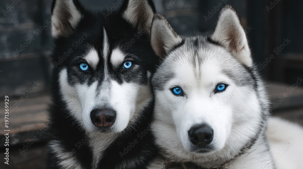 Obraz premium Two siberian huskies with striking blue eyes