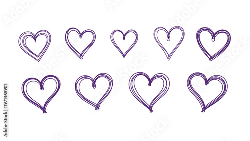 Collection of nine hand drawn sketchy purple heart shapes in different styles and sizes on a white background for love themes.