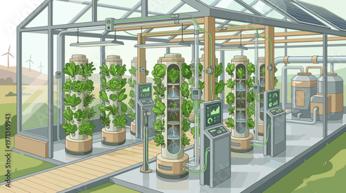 Illustration of a smart farm with automated vertical hydroponic systems. Concept for agritech, sustainable agriculture, food technology, and renewable energy innovation.
