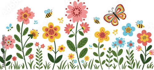 Seamless spring floral frame design featuring Easter eggs and butterflies with pink roses and garden leaves on a cute nature-inspired vector illustration wallpaper