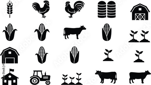 Black silhouette farm icon set with barn, rooster, corn, cattle, tractor and seedlings isolated on white background, agriculture vector collection