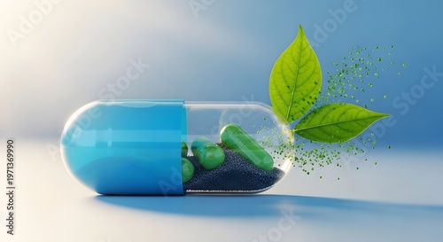 A blue capsule with green pills and leaves coming out of it on a blue background with a white highlight
