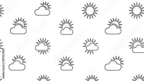 Minimalist seamless pattern of black line sun and cloud icons representing sunny and partly cloudy weather on a white field.