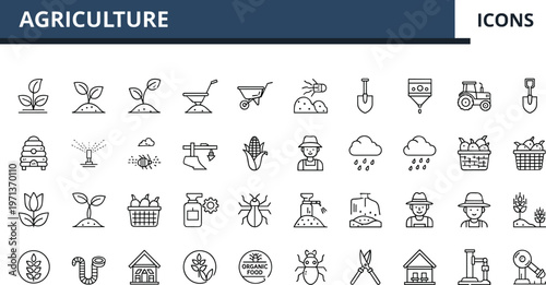 Agriculture outline icon set including farming tools crops tractor irrigation organic food farmer insects and rural cultivation symbols