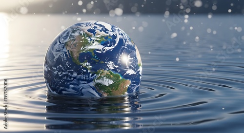 Globe of earth partially submerged in water with ripples and sunlight reflecting on its surface in ocean