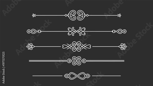 Set of five elegant white calligraphic dividers with central ornamental motifs isolated on a solid dark gray background.