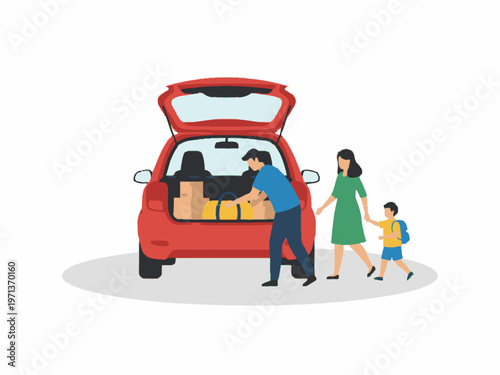 Family Loading Luggage into Red Car Trunk for Road Trip