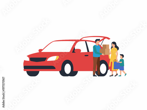 Family loading shopping bags and boxes into red car trunk