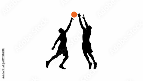 Basketball players silhouette jumping to reach ball on white