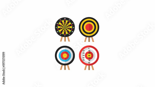 Target board icon set with dartboard and archery bullseye on stands