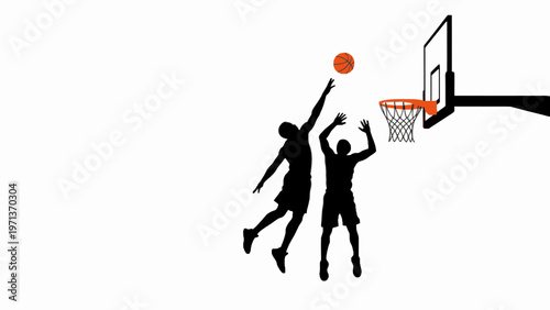 Basketball player silhouette jumping to shoot ball at hoop