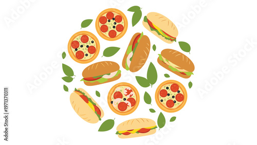 Circular arrangement of various pizzas and sandwiches mixed with green leaves on a white background for food design.